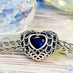 S925 Sterling Silver Blue Feather Crystal Heart European Style Charm Bead